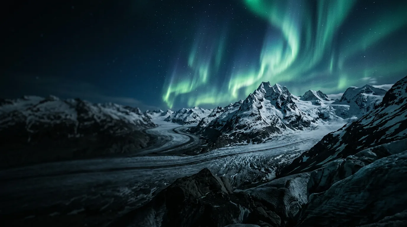 AI-generated aurora over a snow-covered mountain glacier