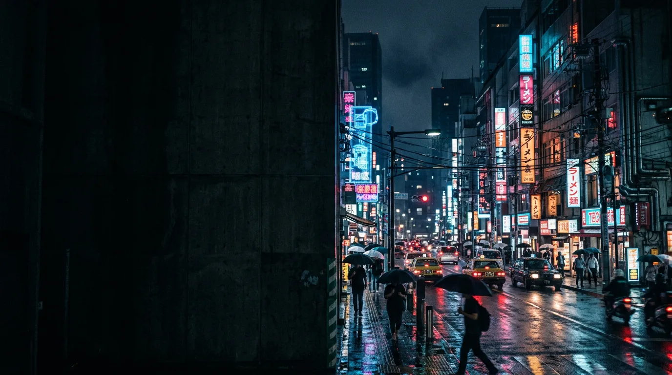 AI-generated neon-lit city street at night in the rain