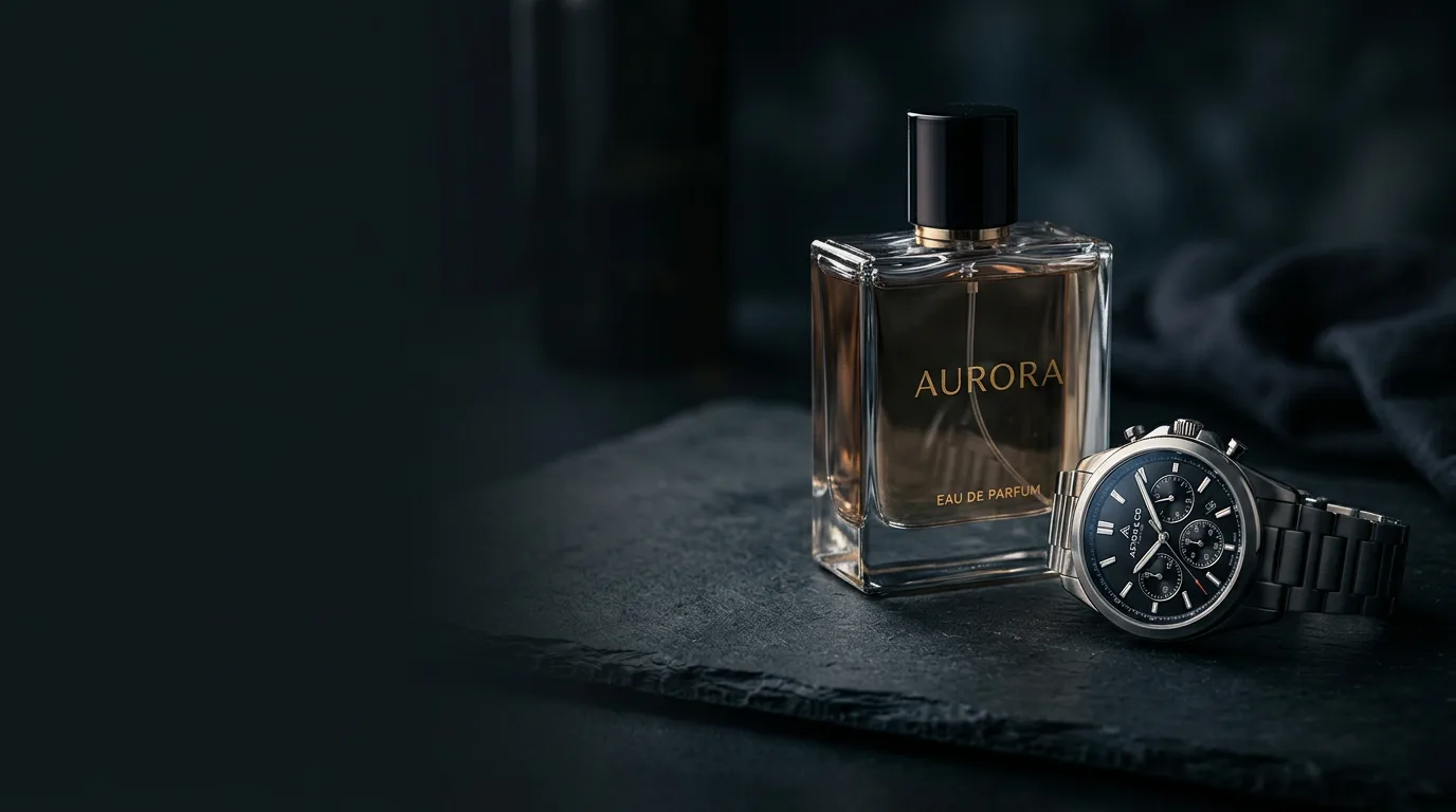 AI-generated product still life of a perfume bottle and a watch