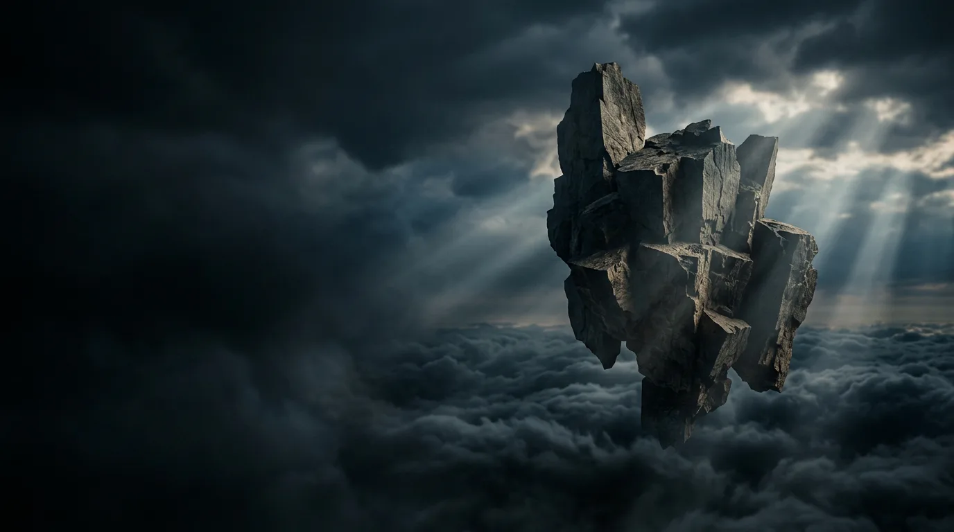 AI-generated surreal floating rock formation above a sea of clouds
